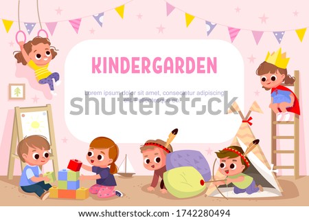 Children play together in kinder garden. Kids doing pirates role play. Preschool kids have fun. Children playing designer construction cubes, developmental constructor. Vector illustration.
