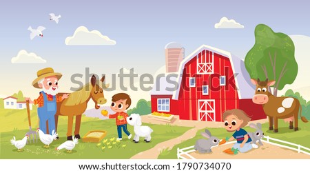 Kid feed the animals at the farm.Girl feeding rabbits. Boy feeding horse. Farmer with horse. Summer countryside background. Old MacDonald . Old farmer stand beside horse. Farm building.