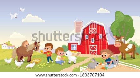 Kids children feed the animals at the farm, petting zoo. Boy feeding pony horse at farmyard. Boy feeding lamb. Girl feeding rabbit at animal farm.