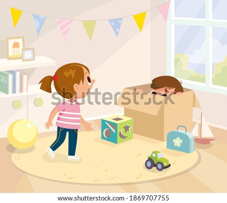 Vector illustration of children, boy and girl playing hide and seek game in play room. Children's active games. Boy hides from his sister in a box. Girl is searching looking for her brother.