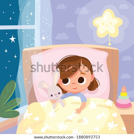 Portrait of baby girl lying in the bed under cover holding imaginary friend,bunny rabbit toy, in bedroom. Bed time for kids. Get ready for bedtime. Kid prepare go to bed