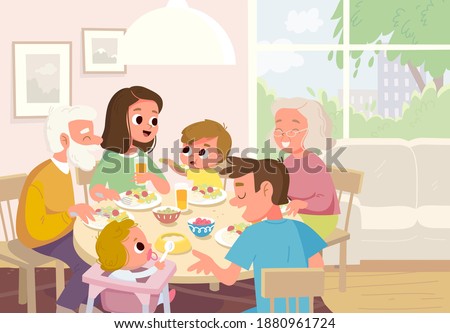 Vector. Portrait of family having meal,breakfast, dinner sitting around the table. All members of full big young whole family together at home in living common room space in house interior at week end