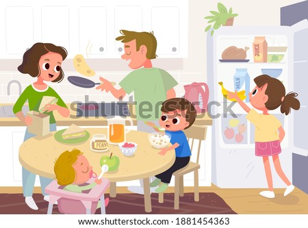 Vector. Family having breakfast in the kitchen. Mother feeding kids. Father cooking pancakes. Whole family, all members together at home in the kitchen in house interior. Refrigerator,fridge with food.