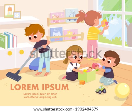 Children tidy up playroom doing household chores. Boy vacuuming, cleaning floor with vacuum cleaner. Girl cleaning washing window with rag and cleanser spray. Kids put toys back in the toybox.