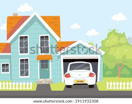 Picture of quiet outdoor neighborhood area in suburbs. Residential house with car parked on driveway in front of opened garage and low wooden fence. Suburbs on weekend. Suburbs life image. Stock foto © 