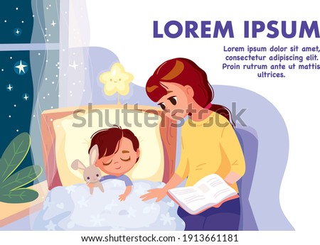 Mother reads bedtime story to put her child to bed. Baby boy sleeping after reading a book. Young mother reading tale story to her son sitting near on the bed. Mom tells story in bed room. Vector