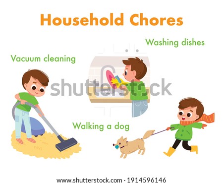 Household chores for kids concept, card. Boy vacuuming, cleaning floor with vacuum cleaner. Boy cleaning washing dishes. Girl walking dog. Children doing domestic duties, household work, homemaking