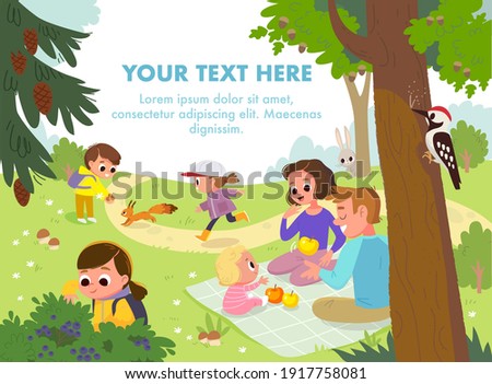 Vector. Outdoors leisure activities, active recreation family with children. Having picnic on sitting blanket,quality time together, walking, spending time, having fun, together in park on green lawn.