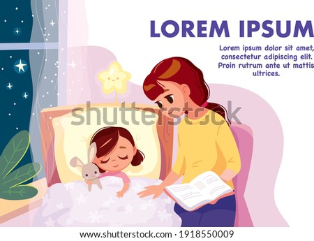 Mother reads bedtime story to put her child to bed. Baby girl sleeping after reading a book. Young mother reading tale story to her daughter sitting near on the bed. Mom tells story in bed room.Vector