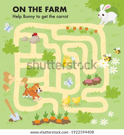 Vector colorful maze for children with cartoon animal characters, country background, farm plants, vegetables, pets. Kids maze with way passing through vegetables berries and flowers beds. Puzzle game