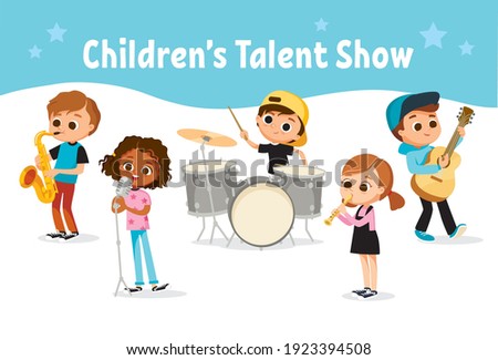 Cartoon kids, children, students playing music on musical instruments and singing. Musical activities for children. School music band, ensemble, musical group performing at school evening event party.