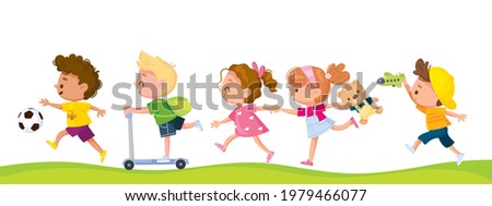 Children running one after another by pathway. Kids rush somewhere in group in line with toys and playthings. Kids walking by track. Girls runs holding arms. Boy ride scooter. Friends on outside walk.
