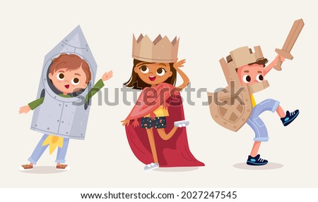 Small children dressed up in astronaut, rocket, knight, princess, queen costume standing in various poses isolated vector illustration. New look for kids costume party. Dressing up for party, carnival
