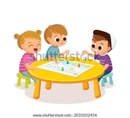 Cheerful children seat by table and play table games together with friends. Kids having fun while playing board game. Spending time playing tabletop games. Vector illustration.