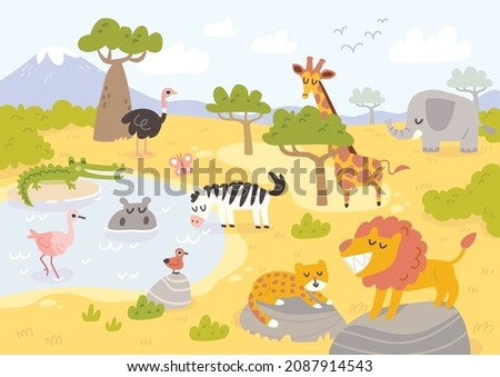 Savanna landscape with wild animals. African animals in the nature. African animals living in savannah, prairies. The fauna of Africa. 商業照片 © 