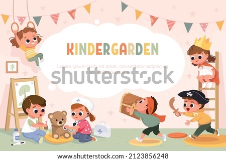 Kids play together in playroom at preschool, kindergarten. Children doing pirates role play. Preschool kids have fun. Children play doctors examining teddy bear with stethoscope. Vector illustration.