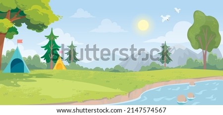 Tents stand on green lawn near river bank in an outdoor area landscape. Impromptu campsite, camping pitch, campground in natural park, big wild valley, countryside.