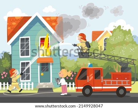 Fireman put out house fire. Firefighters crew fight house fire on street Firefighter, fireman stands in bucket on long ladder of firetruck and directs the water flow of water towards the fire.