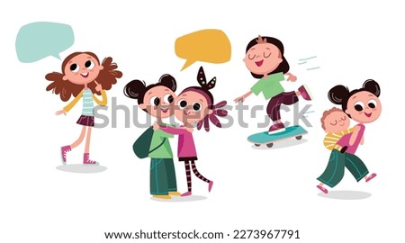 Collection of school kids. Happy joyful children. Best friends. Different activities for children. Sister and brother. Friends hugging. 