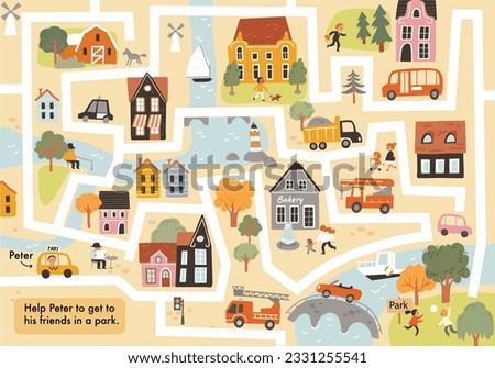 Children maze illustrated. Vector labyrinth with  town symbols, cars, houses, buildings, trees, streets. City easy simple drawing map.