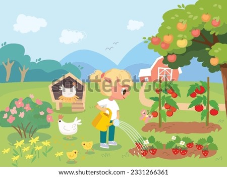 Summer day at farm. Garden with apple tree, swings, chicken coop, garden beds, strawberries and tomatoes. Girl planting tomatoes.