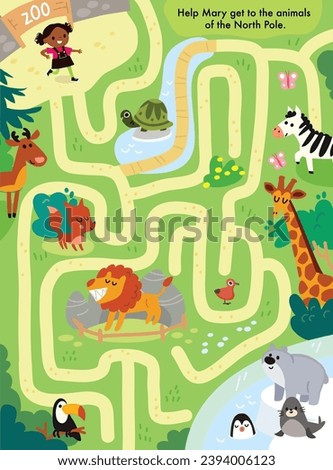 Vector labyrinth. Colourful maze for animals. Zoo with lion, giraffe, penguins, rein deer, zebra, tortoise. Easy simple drawing map. 