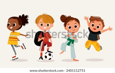 Set, group of 4 four happy children, kids in different poses, dressed in casual outfit clothes. Boys and girls with sport equipment. Dancing, jumping boy, girl,creative kids. Preschoolers teenagers.