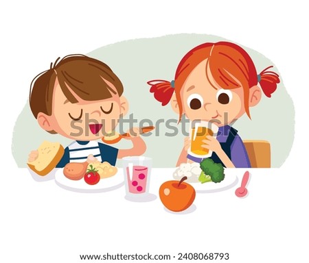 Boy and girl eating healthy homemade food. Kids have porch for breakfast. The girl drinks soda and eats cereal for lunch. Family meal.