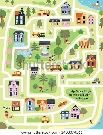 Vector child labyrinth with town symbols for baby, babies. Children maze illustrated with cars, houses, buildings, trees, streets. City easy simple drawing map.