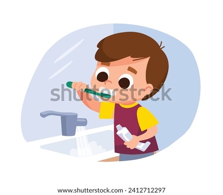 Image, Stock Photo Cute boy brushing teeth in cozy bathroom