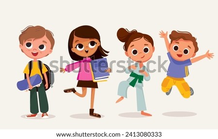 Set, group of 4 four happy children, kids in different poses, dressed in casual outfit clothes. Boys and girls with sport equipment. Dancing, jumping boy, girl,creative kids. Preschoolers teenagers.