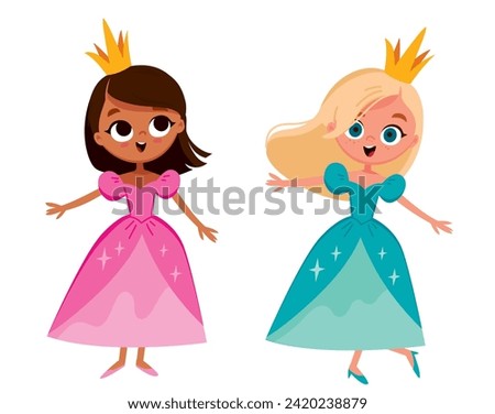 Two princess. Children's vector characters. Cute girls.