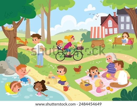 Family and children walking in park. Family picnic with a basket full of fruits. Nice summer day in a park. Children swim and have fun outdoors. People enjoy nature and give food to the wild animals.