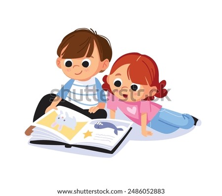 Cute boy and girl sitting on the floor and reading book, magazine with pleasure and curiosity. Reading for fun. Isolated vector illustration.