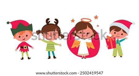 Cute children and Santa elves. Children in festive costumes. Baby angel.  Kids with christmas accessorizes and gifts.