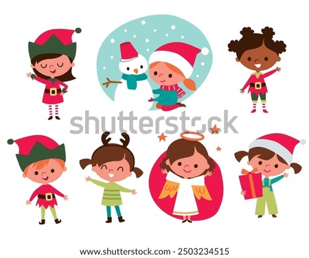 Cute children and Santa elves. Children in festive costumes. Baby angel.  Kids with christmas accessorizes and gifts. Snowman with scarf.