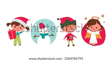 Cute children and Santa elves. Children in festive costumes. Baby angel.  Kids with christmas accessorizes and gifts. Snowman with scarf.