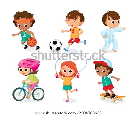 Group of school kids do sports. Children's activities. Boys and girls with school supplies and sport equipment.