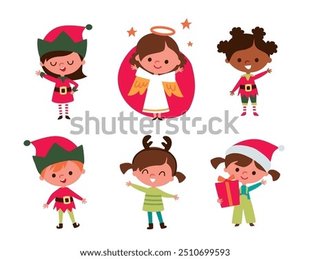 Cute children and Santa elves. Children in festive costumes. Baby angel.  Kids with christmas accessorizes and gifts.