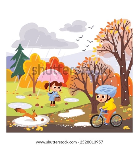 Autumn landscape. Fall in the park with kids walking. Child riding a bike. Child gathering mushrooms in the forest. Nature with people. 