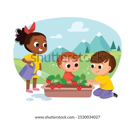 Children planting strawberry. Group of kids growing plants. Green environment. Nature background. Flat landscape with mountains and green lawns.