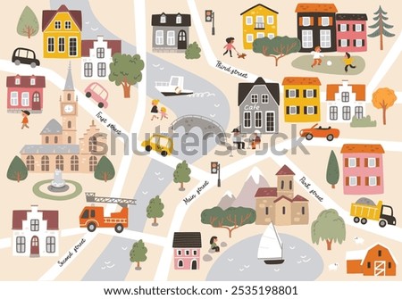 Maze, labyrinth for children with cartoon map, with way passing through the city. Cartoon childish city print. Vector childish  pattern with  town symbols, cars, houses, buildings, trees, streets. 