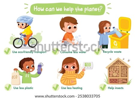 
Sustainability. Children maintaining saving environment, planet, ecology, doing eco-friendly practices, activities trying consume less energy, resources, water, use less plastic, recycle waste