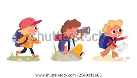 Vector set group of boy girl scouts. The boy is sitting looking through telescope. young tourists traveling kids walking with travel bag backpacks and map, walking by route. Hiker travelers collection