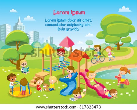 Children playing on playground with rope bridge, hanging horizontal ladder, slide ,radical rotator, carousel fooling around, having fun in fine good mood.