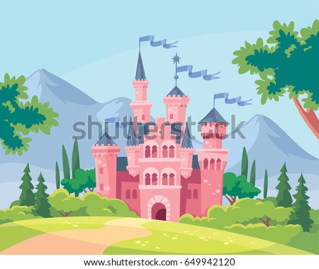 Vector illustration for children with fairy pink castle. Medieval fairytale magical magic fortress fort royal palace.