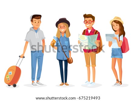 Set group of young tourists traveling people with travel bag backpack and map, going on vacation trip. Travelers portrait collection .Travel and tourism concept.