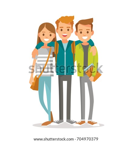 Group of 3 three girlfriends, university fellow students classmates, buddies, pals standing together hugging posing for keepsake photograph. Group of learners young people. Vector illustration. Flat