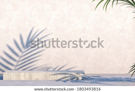 Natural beauty podium backdrop for cosmetic product display with tropical palm leaves. 3d render.