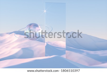 Abstract winter scene with geometrical forms, arch with a podium in natural light. minimal background. surreal background. 3D render.